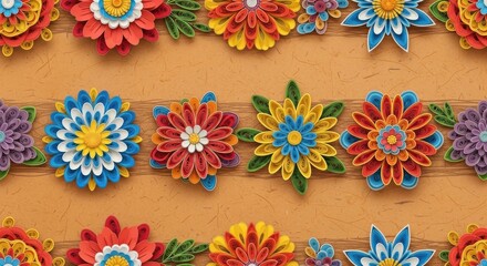 Fototapeta premium Vibrant colorful flowers arranged in a decorative pattern on a warm orange background with green lea