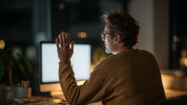 Remote employee waves at video call screen in otherwise silent townhouse at midday, a single plant beside the monitor, stillness palpable around them, perfect for remote work loneliness, virtual con
