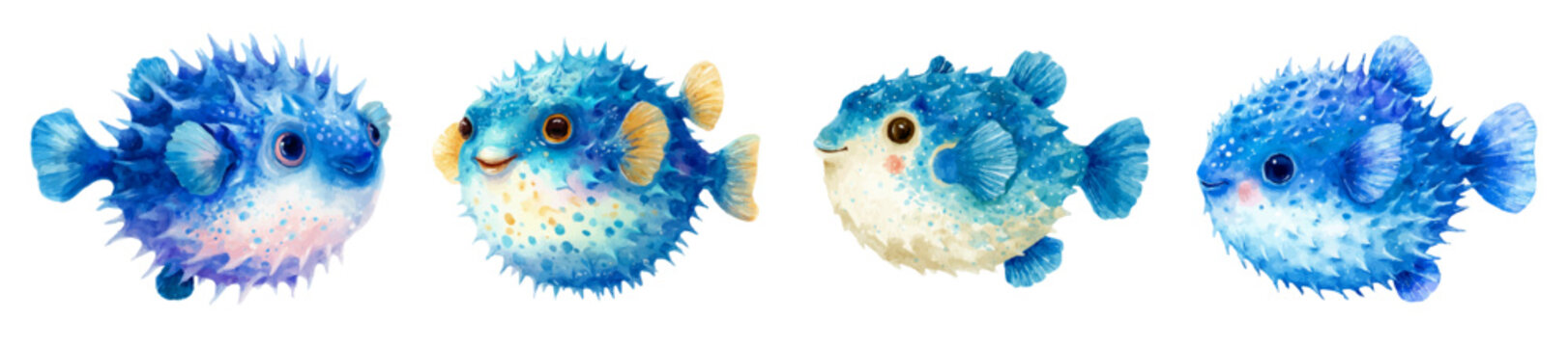 Adorable watercolor pufferfish collection with varying expressions, featuring spiked bodies and blue hues, creating a charming set of marine characters
