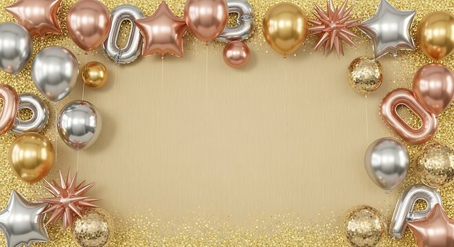 gold and silver christmas baubles arranged in heart shape on glittery beige background