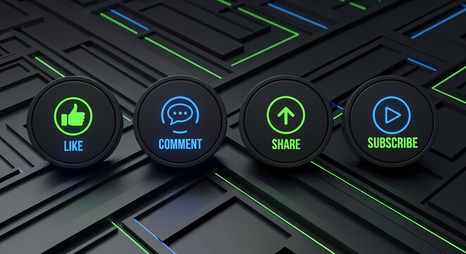 Cyberpunk style social media buttons on dark textured background