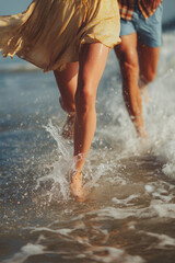 Fototapeta premium Happy young woman and man are running barefoot on sandy beach with sea waves, having fun. People are relaxing and enjoying vacation on coast. Feet in splashing waves. Close-up