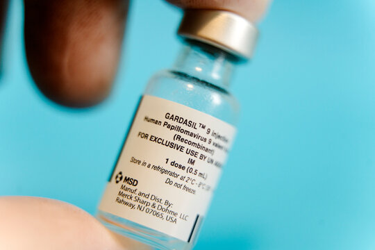 Boston, USA - 1 March 2026: Gardasil vaccine isolated on empty background. Medical bottle of HPV vaccine used for immunization and prevention of cervical cancer