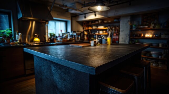Dark matte soapstone kitchen prep surface with wooden cutting board and rustic elements