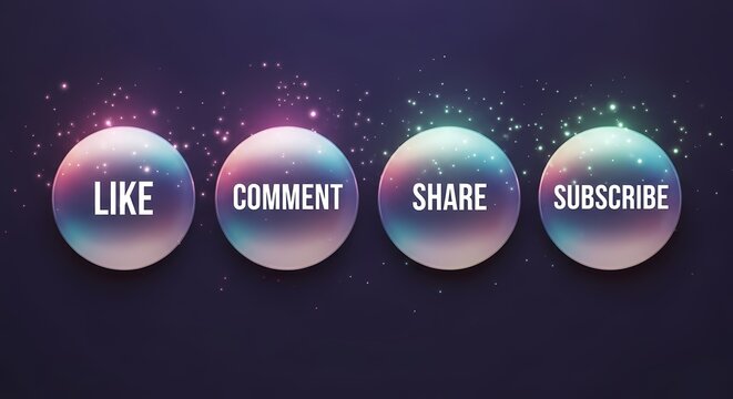 Glowing social media engagement orbs with like comment share subscribe text