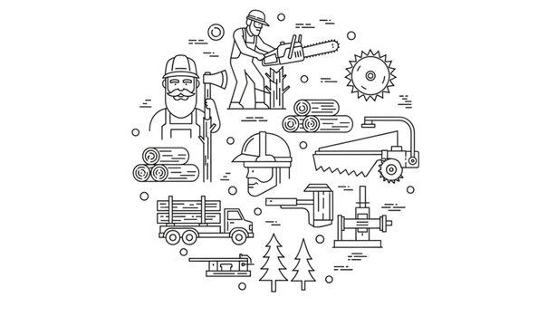 Logging line icon collection with lumberjack timber truck and chainsaw