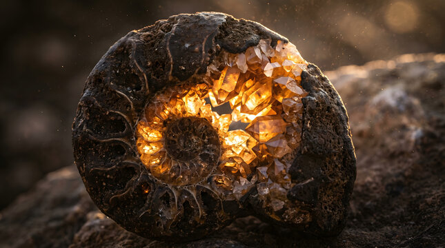 Close-up of a prehistoric ammonite fossil shell revealing a glowing core of golden crystals and minerals resting on a rocky ground