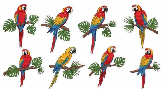 Set of eight colorful macaw parrot illustrations featuring scarlet and blue-and-gold species perched on branches with green monstera and palm leaves isolated on a white background.