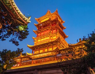 Fototapeta premium A stunning nighttime view showcases the intricate architecture of the ancient Chinese temple, illuminated by warm golden lights against a vibrant blue sky.