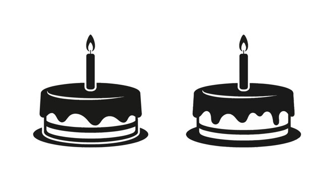 Black and white vector illustrations of two identical birthday cakes with a single lit candle on top, featuring frosting drips and a layered cake base on a plain white background.