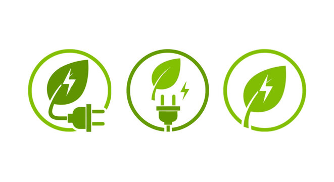 Set of three green icons representing renewable energy, sustainability, and eco-friendly power sources with leaf and lightning bolt motifs