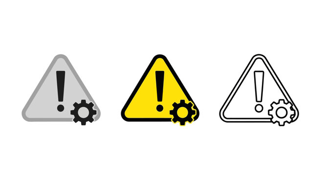 Collection of essential system warning and error icons featuring cogwheel symbols, ideal for technical maintenance alerts, settings issues, and troubleshooting interfaces