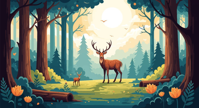 Flat vector illustration of a deer stag with antlers and a young fawn standing in a forest clearing with stylized trees, orange flowers, wooden logs, and a large bright sun.