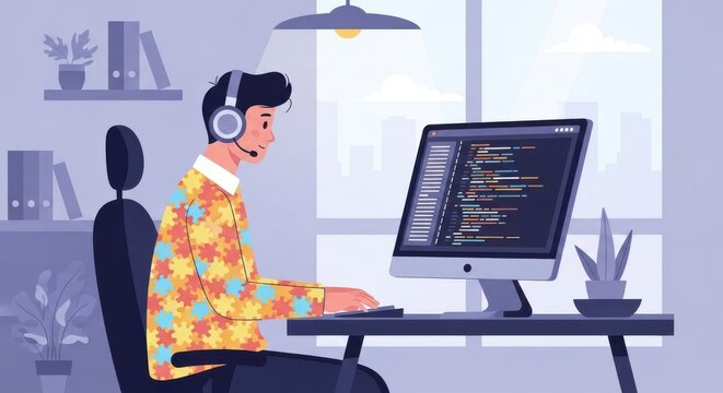 a man sitting at a desk with a computer and headset on in a modern office setting with a window adul