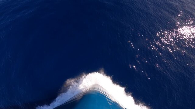 Bow of cruise ship slicing through ocean surface, top view