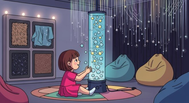 a young girl sitting on a colorful rug interacting with a tall bubble machine in a cozy room with be