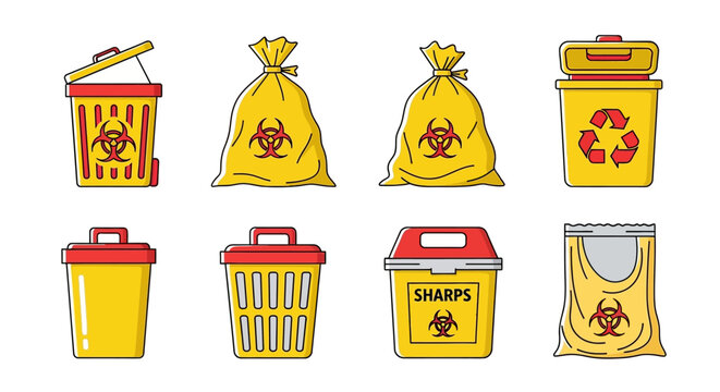 Vector collection of diverse yellow containers and bags for safe disposal of biohazardous, medical, and sharps waste in healthcare and laboratory settings
