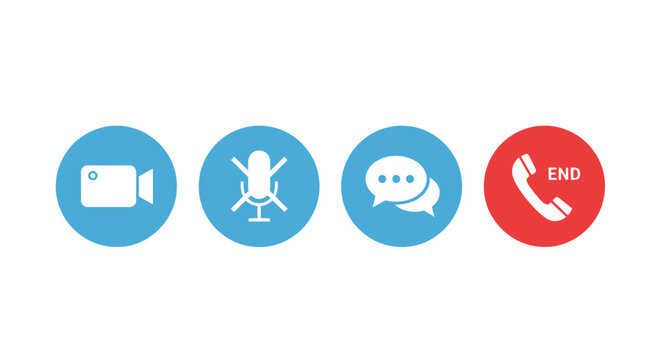 Collection of four circular icons representing video call functions camera, microphone, chat, and end call