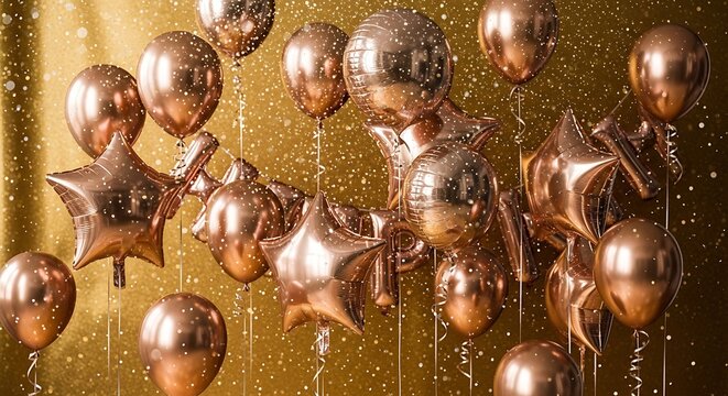 golden metallic balloons popping with confetti in celebratory burst
