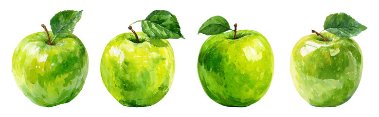 Green apples array with fresh leaves painted in vibrant watercolor style, depicting healthy eating, organic food, and natural freshness on a clean white background © Narin