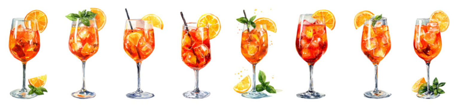 Bright horizontal banner of aperol spritz cocktails in wine glasses with ice, orange slices and mint leaves, watercolor illustration evoking refreshing summer aperitif vibes