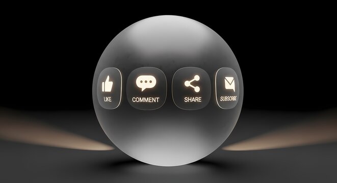 Futuristic social media icons inside glowing glass crystal sphere