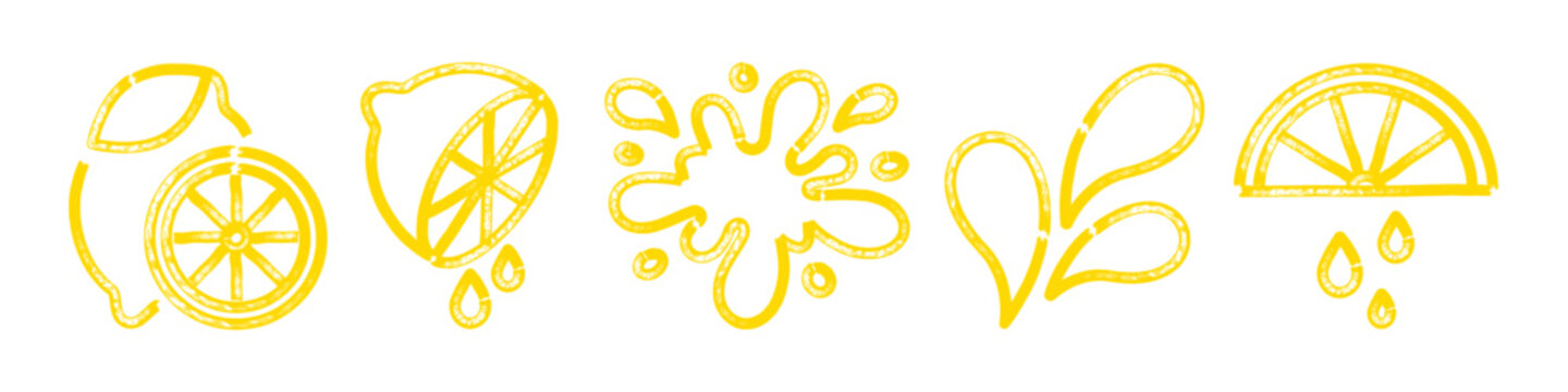 Lemon elements set with slices, wedges and juice drops. Hand drawn marker outline with textured strokes and splash shapes. Fresh citrus concept in childlike doodle style. 