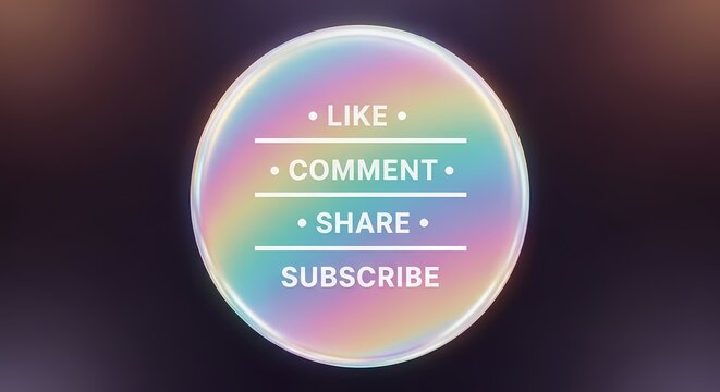 Iridescent social media call to action bubble icon on dark background