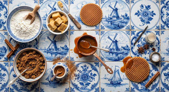 Hyper-realistic top down view of Stroopwafel ingredients on Delftware tiles
