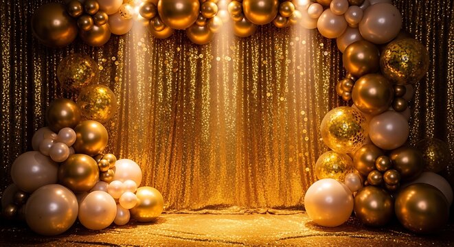 Golden Christmas baubles with sparkling bokeh lights on festive background