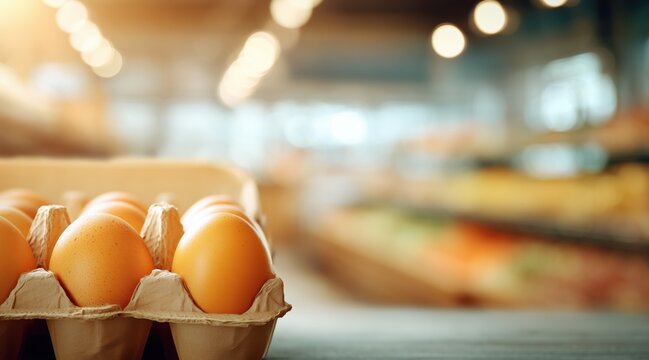 Brown eggs in cardboard carton in supermarket with blurred background