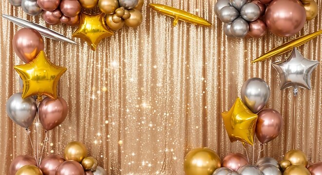 gold and silver balloons on shiny curtain background for party decoration