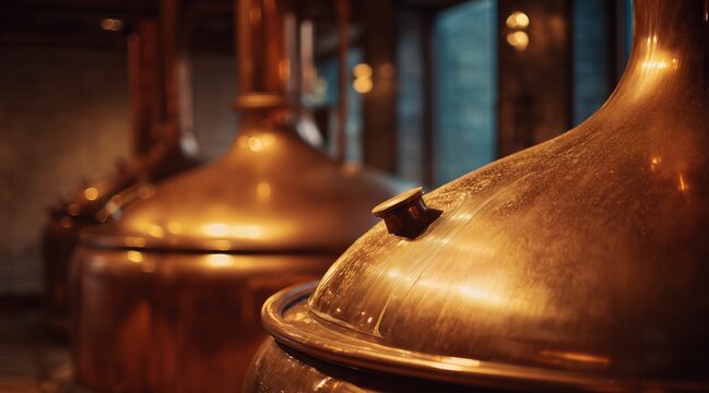 Copper brewing kettles in traditional brewery distillery