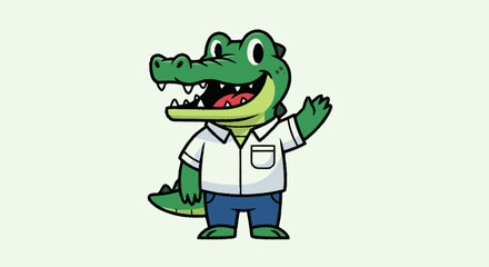 Obraz premium Cartoon alligator waving hand cheerful smiling character design isolated