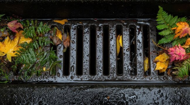 Colorful autumn leaves and green ferns stuck on wet street storm drain grate