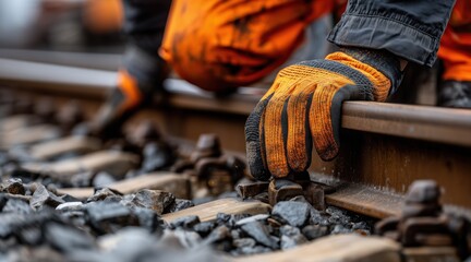 Naklejka premium Worker in orange safety gear repairing railway track close up