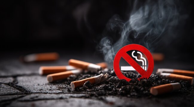 No smoking sign in pile of cigarette butts and ash