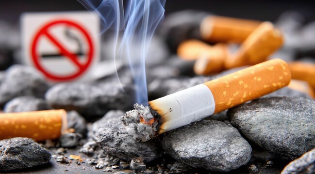 Smoking cigarette lying on grey rocks near no smoking sign