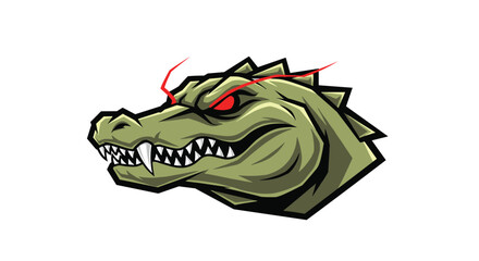 Obraz premium Ferocious alligator head mascot illustration, featuring menacing red glowing eyes and an aggressive expression with sharp, open jaws.