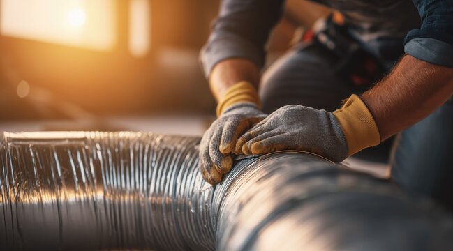 Worker hands in gloves installing flexible hvac duct