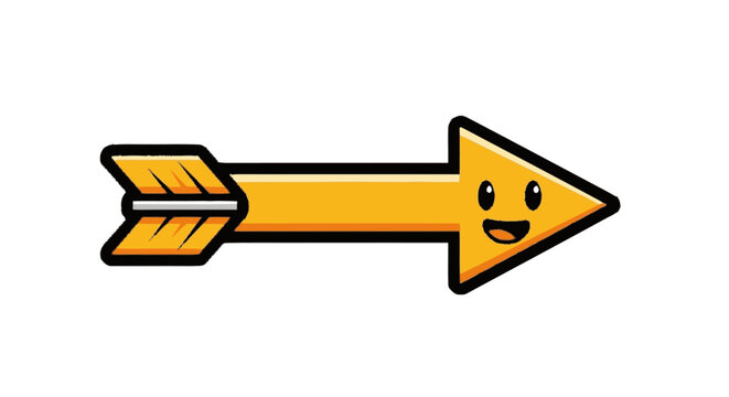 Cartoon arrow icon with smiling face pointing right on white background