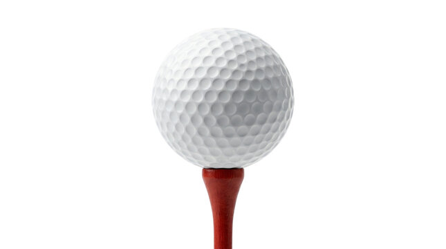Classic white golf ball on red wooden tee, professional sports equipment on white background, dimpled golf ball texture for athletic branding