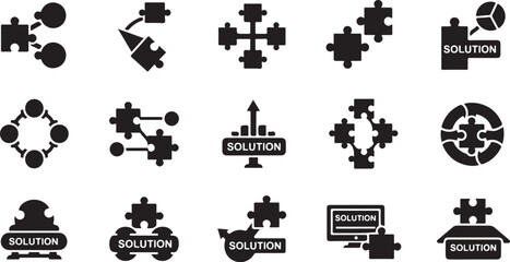 Obraz premium Puzzle pieces and solution icons on white background
