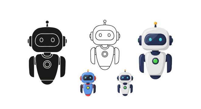 Collection of AI chatbot robot icons in different styles including solid black silhouette, line art outline, and detailed color illustrations isolated on white background.