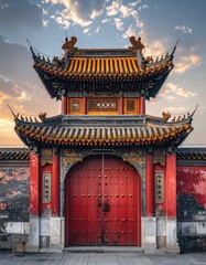 Fototapeta premium A vibrant, traditional Chinese gate stands prominently against a backdrop of a colorful sunset sky, showcasing intricate architectural details and rich cultural heritage.