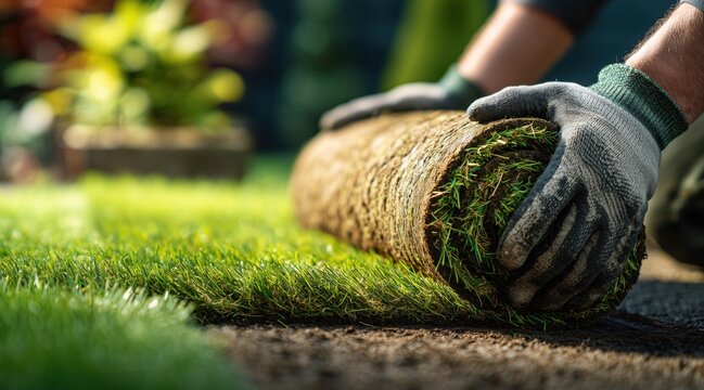 Person laying roll of fresh green grass turf in garden