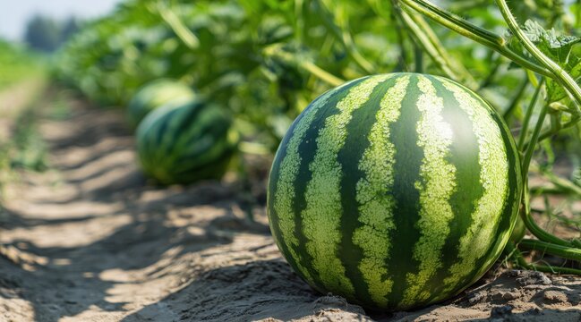 Striped watermelons growing in field on sandy soil