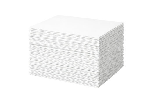Minimalist stack of white paper sheets, blank ream of printer paper on white background, clean office stationery supplies for printing and documents