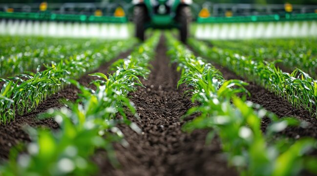 Tractor spraying pesticide on young green corn plants in field
