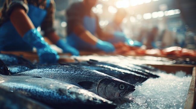 Fresh raw salmon on ice in fish processing plant with workers in background